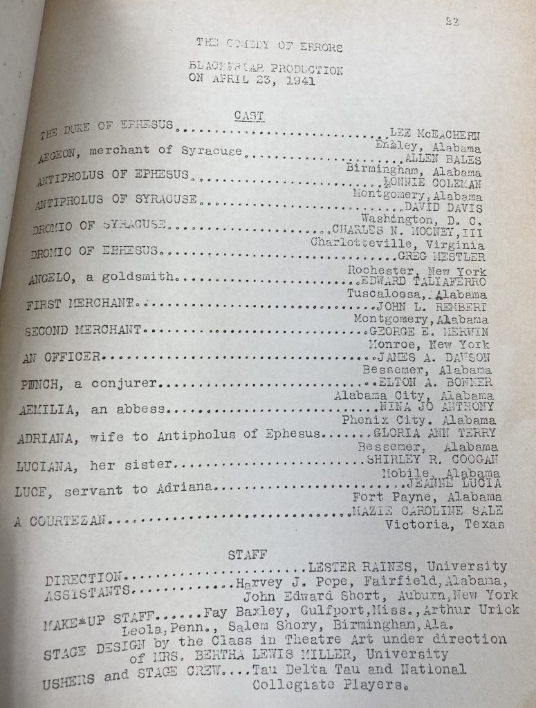 A page listing the parts in a play, the actors for each role, and from where they came.